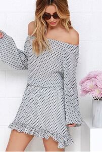 Lulus Women's M Black Bow Print Off Shoulder Knee Length Party Dress